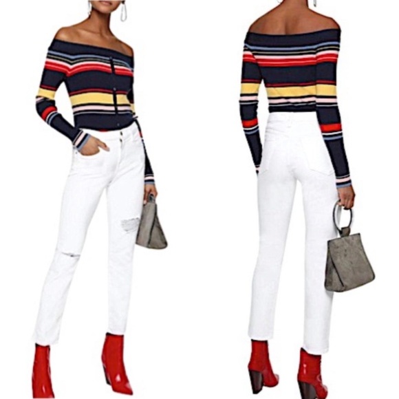 Frame Women’s Navy Multi Color Stripe Off The Shoulders Buttoned Sweater XS - Picture 2 of 12